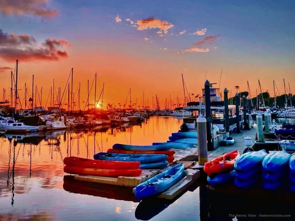 Marina glowing red at dusk